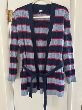 Lands' End Navy, Light Blue & Red Striped Cable-Knit Belted Cardigan